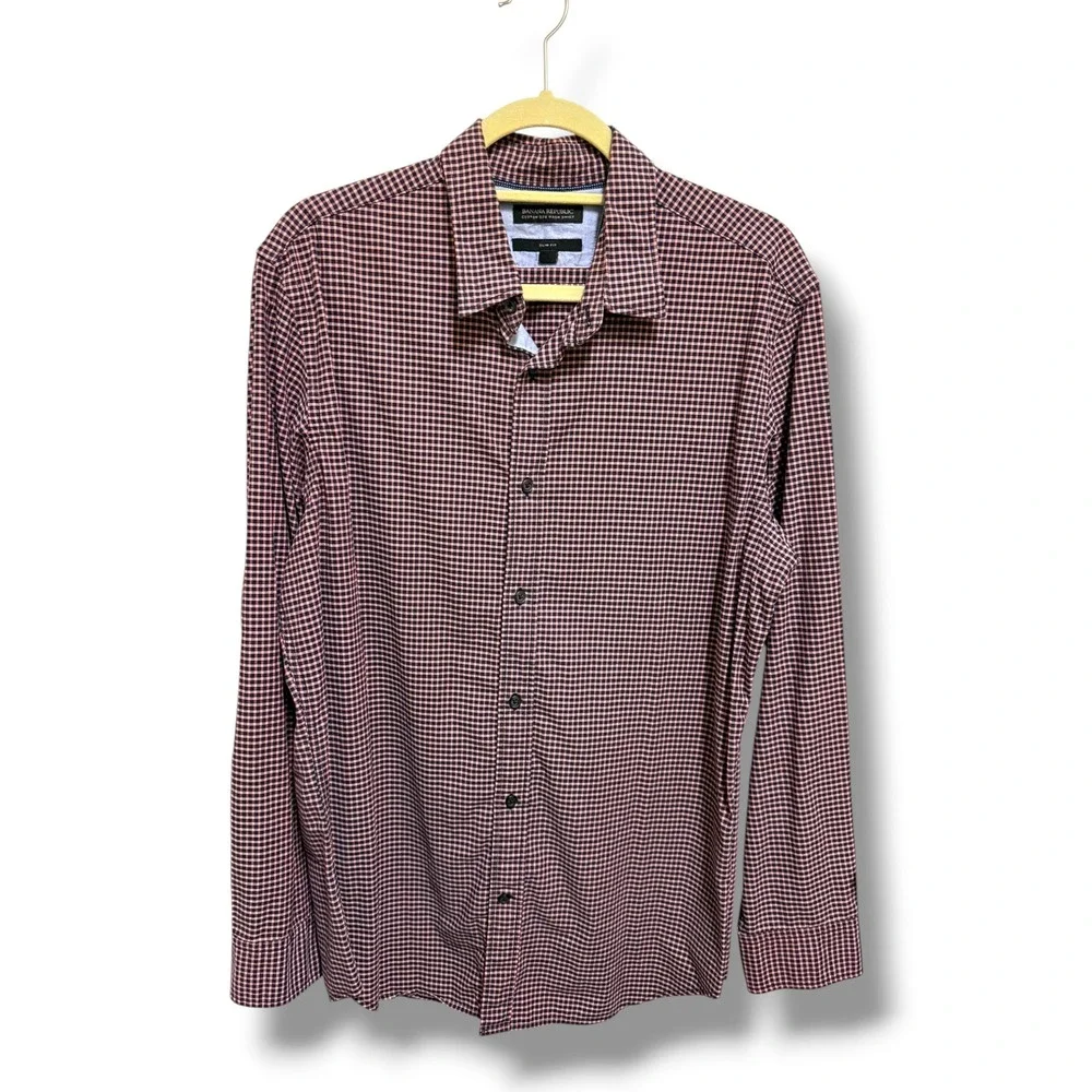 Banana Republic Slim Fit Custom 078 Gingham Shirt Mens L Navy Rust Orange Cotton